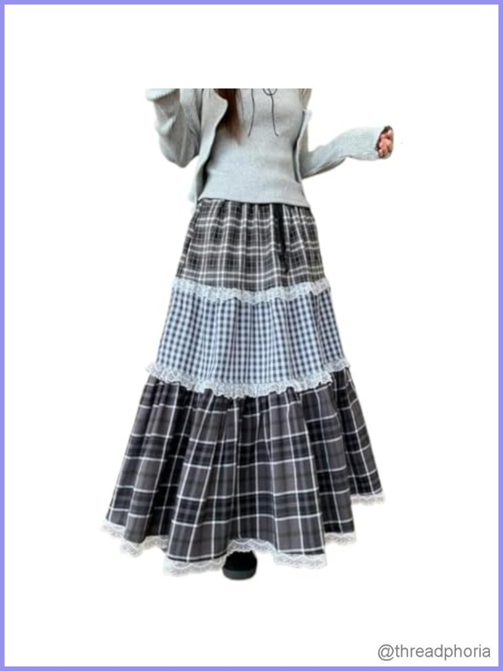 Plaid Flowy Maxi Skirt Lace Trim Ruffle Patchwork Elastic Waist A-Line